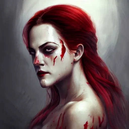 Prompt: portrait of riley keough in bloody business suit, blood red eyes, vampire fangs, fantasy, intricate, elegant, highly detailed, digital painting, artstation, concept art, matte, sharp focus, illustration, art by aenaluck and roberto ferri and greg rutkowski, epic fantasy, digital painting