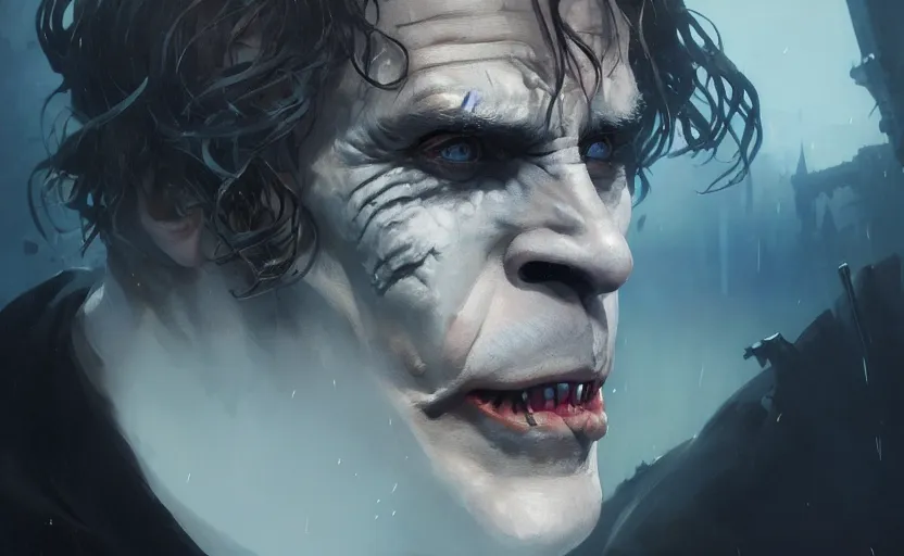 Image similar to highly detailed portrait of christoph waltz as the joker laughing, in batman comic book, stephen bliss, unreal engine, fantasy art by greg rutkowski, loish, rhads, ferdinand knab, makoto shinkai and lois van baarle, ilya kuvshinov, rossdraws, tom bagshaw, global illumination, radiant light, detailed and intricate environment