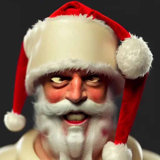 Prompt: frontal torso view of evil santa claus with cream colored cap and cream colored robe, red mouth, greenish cream colored background, fine art, award winning, intricate, elegant, sharp focus, cinematic lighting, digital painting, 8 k concept art, by michael hussar and greg manchess and brom and z. w. gu, 8 k