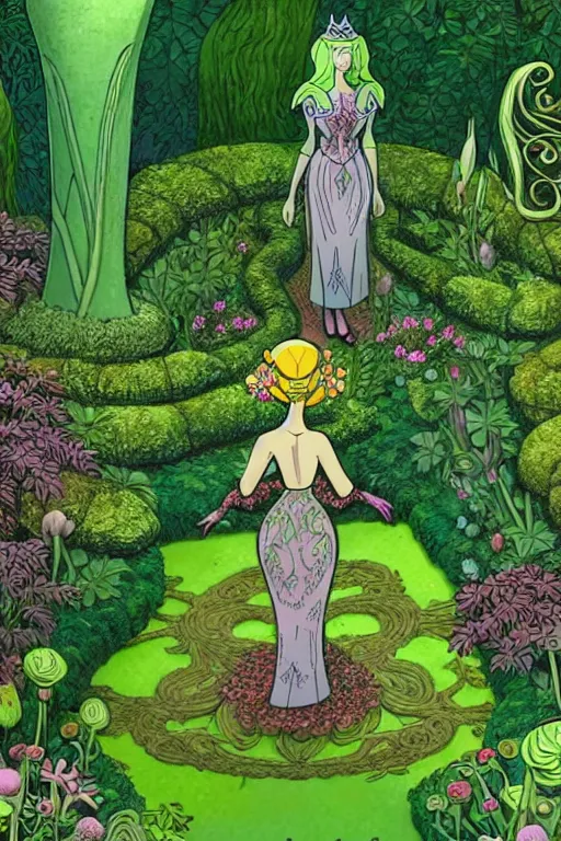 Image similar to intricate detailed Garden, Green Witch Walking her Garden, magical garden plant creatures, enchanted, life like plants, In The animation style of X-Men: The Animated Series, high detail, max upscale