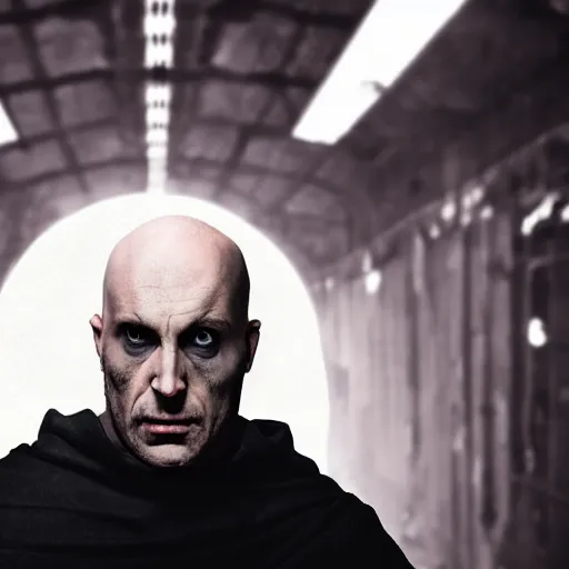 Prompt: bald man in a black cape and hood, telepath, psionic,, post-apocalyptic, mad max style, Total Recall style, symmetric, by David Lazar and Annie Leibovitz 500px photos, top cinematic lighting , cinematic mood, very detailed, shot in canon 50mm f/1.2