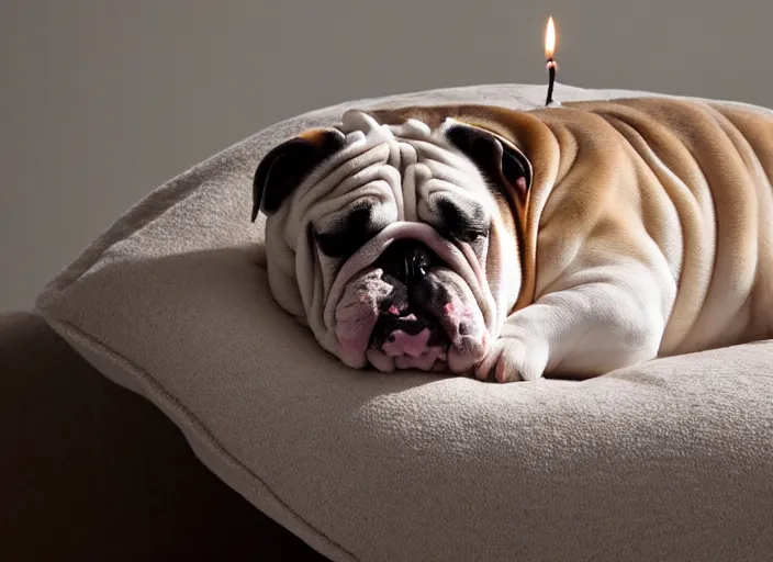 Image similar to a closeup, 4 5 mm, portrait of a sleeping english bulldog in a bed, on a pillow, candle light, 4 5 mm, by franz lanting