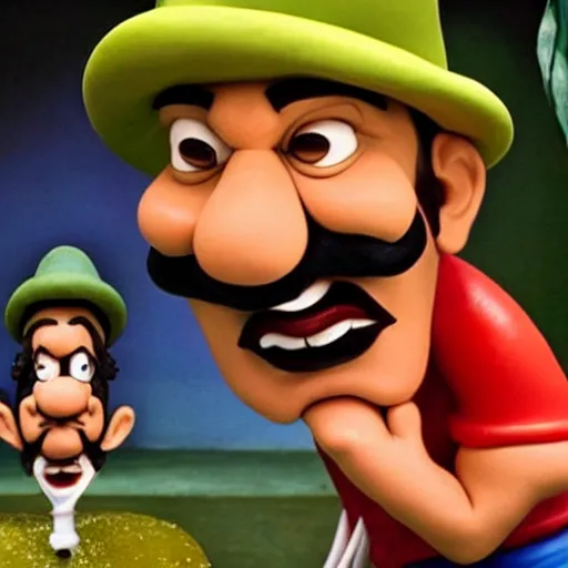 Image similar to beautifully rendered, masterpiece, caricature, claymation, luis guzman as luigi making absurd silly looking faces