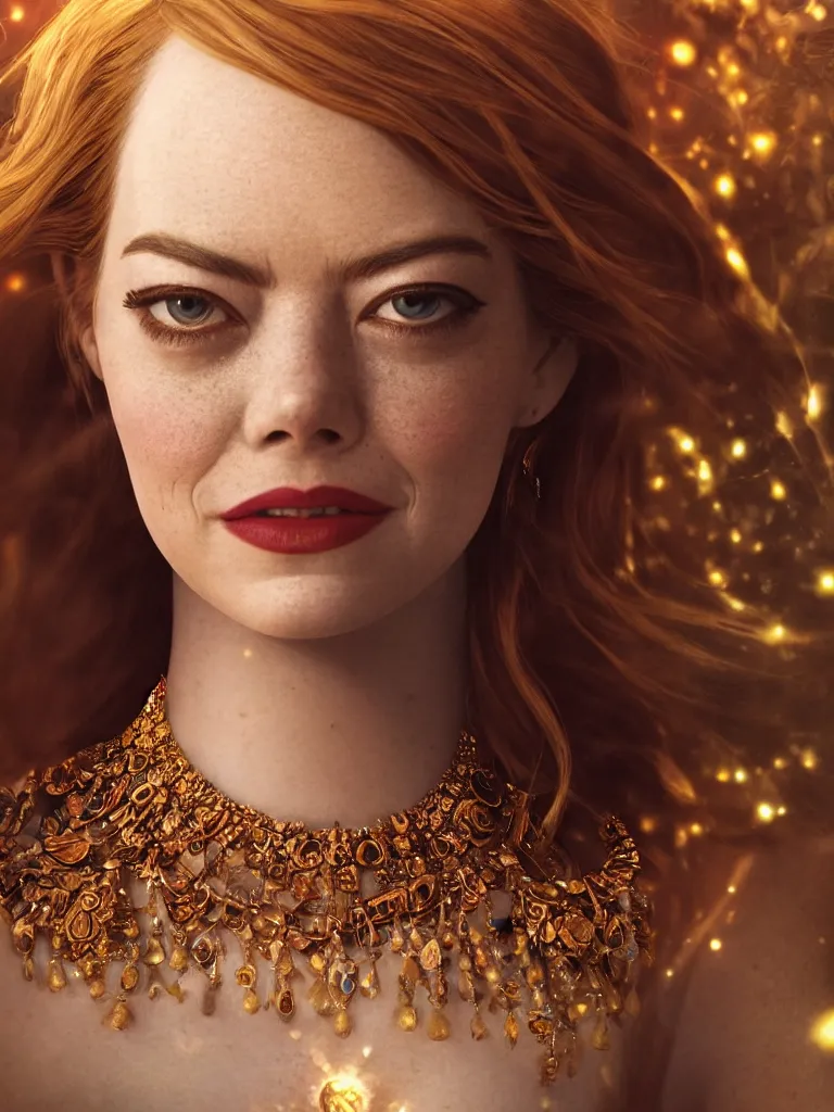 Image similar to close up portrait of emma stone as a beautiful female goddess with glowing necklace, stone courtyard background fantasy atmosphere, decolletage, confident pose, coherent, insane detail, concept art, character concept, cinematic lighting, global illumination radiating a glowing aura