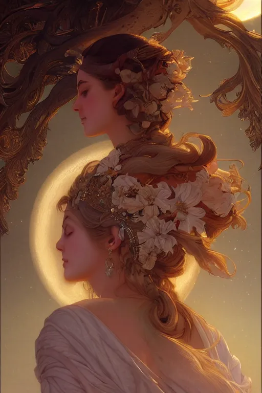 Image similar to Goddess of the Moon, elegant, highly detailed, digital painting, artstation, concept art, smooth, sharp focus, illustration, ArtStation, art by artgerm Aykut Aydogdu and greg rutkowski and alphonse mucha and J. C. Leyendecker and Edmund Blair Leighton and Charlie Bowater