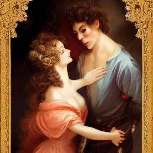 Image similar to A vintage rococo painting Charlie Bowater and Gabrielle Ragusi by Salvador Dalle Lisa Frank :: He always knew she was the one :: dapper man handsome with beautiful hair and brown eyes, a smile to take your breath away. Cute and mine from the first meeting until the end of time :: hd - H 960