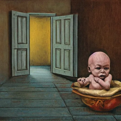 Image similar to a ugly baby in floor inside a dark house, surrealism