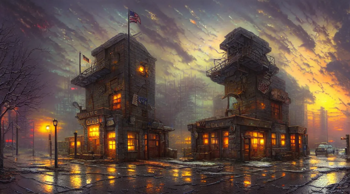 Prompt: post - apocalyptic police station, by thomas kinkade