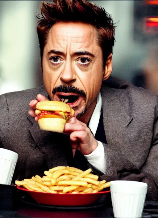 Prompt: a full portrait photo of robert downey jr eating mcdonald in movie iron man, f / 2 2, 3 5 mm, 2 7 0 0 k, lighting, perfect faces, award winning photography.