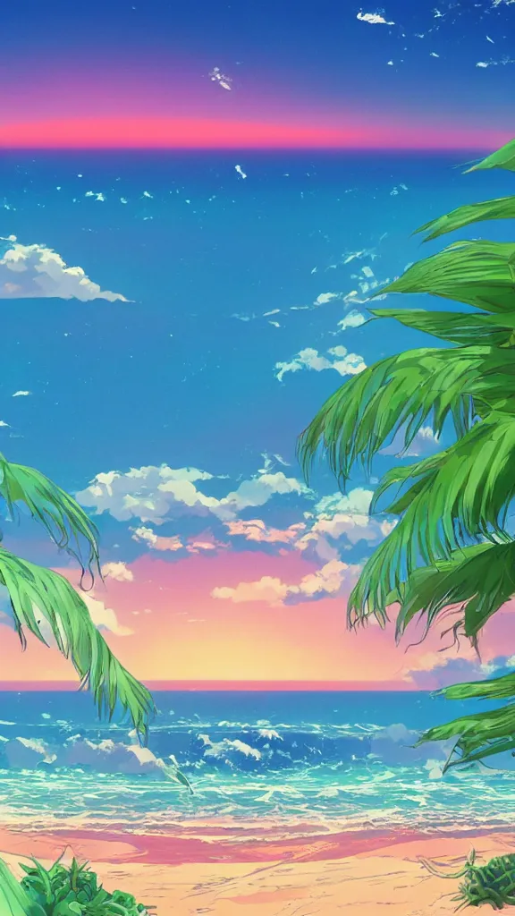 Image similar to beach horizon view of the tropical ocean on an alien planet, vaporwave ocean, clear sky, beautiful colors, planet in space over the horizon, trending on artstation, digital art by hayao miyazaki, studio ghibli style