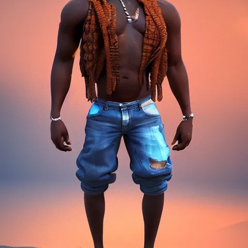 Prompt: [ african teen ]! with an [ afro, white tank top, and blue jeans ]!, matte painting!, afrofuturism! art style, trending on [ artstation ], award winning, intricate, [ full - body ]!, cgsociety contest winner, zbrush!, 3 d render