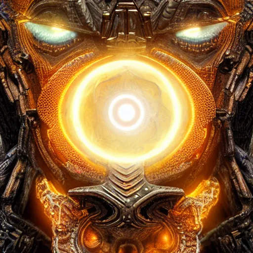 Image similar to cosmic deity with eyes made of interstellar stargates with molten honeycomb structure, intricate detail, royo, whealan, giger, hd, 8 k, octane render, unreal engine,