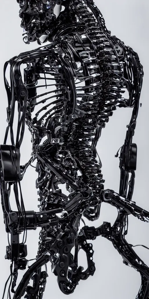 Prompt: beautiful cybernetic android cranium closeup + spinal cord cables, exoskeleton hydraulic valves, rectilinear robotic muscular transmission derailleur with curvy muscular front view neck muscles in the black crystal cube, cinematic photo, by vitaly bulgarov