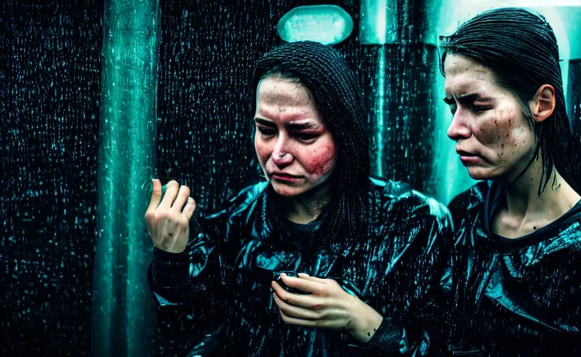 Image similar to cinestill 5 0 d candid photographic portrait by steve mccurry of two loving female androids sobbing wearing rugged black mesh techwear in treacherous waters, flooded city, medium closeup, retrofuturism cyberpunk moody emotional cinematic, pouring iridescent rain bright spotlight helicopter, 8 k, hd, high resolution, 3 5 mm, f / 3 2, ultra realistic faces, ex machina