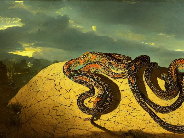 Image similar to an oil painting of a great snake with vivid green scales in a cracked desert by carl spitzweg and tuomas korpi. baroque elements, full-length view. baroque element. intricate artwork by caravaggio. Trending on artstation. 8k