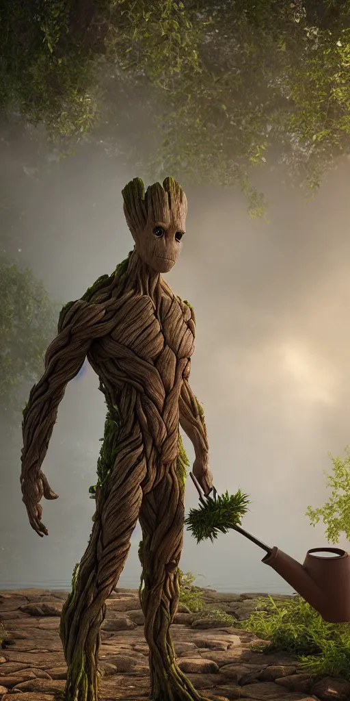 Prompt: photorealistic wide shot of Groot waters himself with a watering can, octane render, unreal engine 4k, volumetric light, fog, detailed