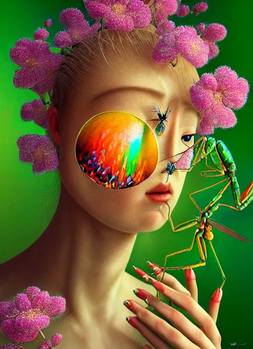 Image similar to hyper detailed 3d render like a Oil painting - kawaii portrait Aurora (gold haired Singer Praying Mantis Dragonfly) seen Eating of the Strangling network of yellowcake aerochrome and milky Fruit and Her compund eyes delicate Hands hold of gossamer polyp blossoms bring iridescent fungal flowers whose spores black the foolish stars by Jacek Yerka, Mariusz Lewandowski, Houdini algorithmic generative render, Abstract brush strokes, Masterpiece, Edward Hopper and James Gilleard, Zdzislaw Beksinski, Mark Ryden, Wolfgang Lettl, hints of Yayoi Kasuma, octane render, 8k