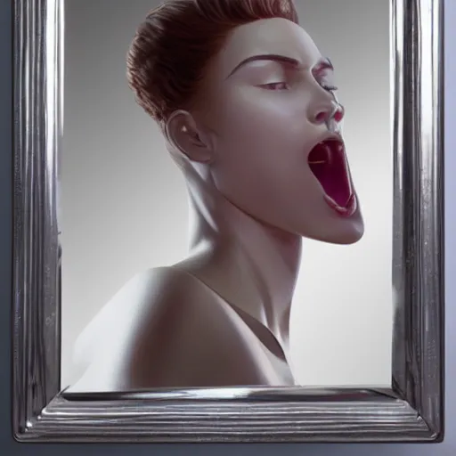 Image similar to stunning gynoid licking mirror, hyperrealistic, octane, highly detailed,