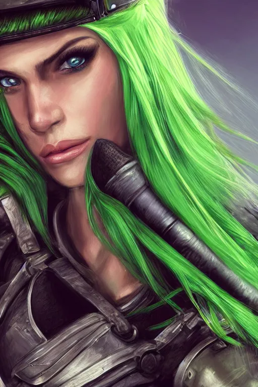 Prompt: female mercenary guard, bright green hair, pretty face, ultra detailed, digital art, 8k ,character ,realistic, portrait, hyperrealistic