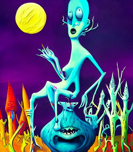 Image similar to Tim Burton style Freezing by Alex Pardee and Nekro and Petros Afshar, and James McDermott,unstirred paint, vivid color, cgsociety 4K