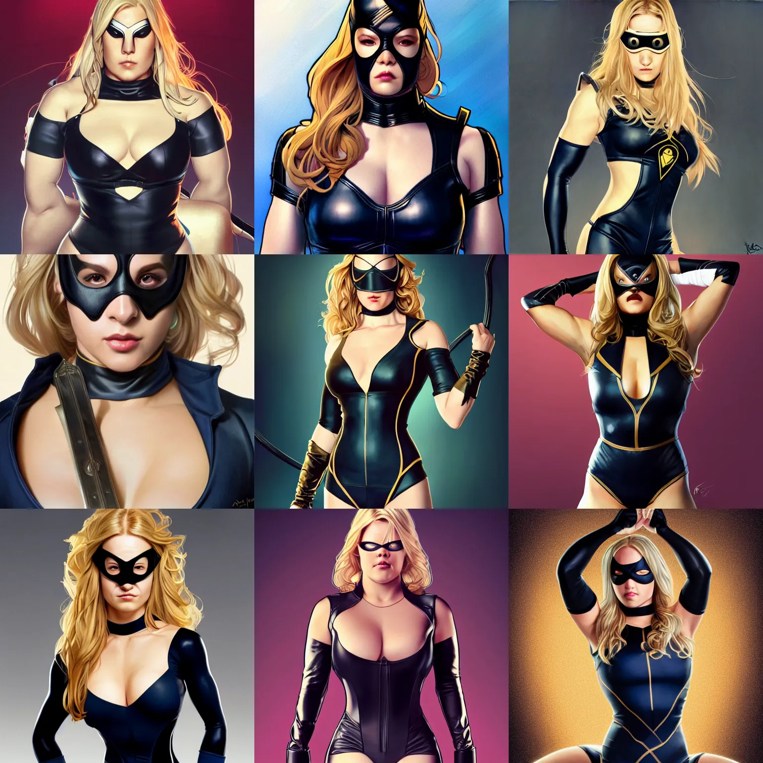 Prompt: character concept portrait, symmetrical, black canary, eye mask, sitting with her arms tucked behind her back, navy leotard costume, bust, curvaceous, medium shot. detailed, high quality, dynamic lighting, high contrast, fantasy, shiny. artwork by artgerm, wlop, alex ross, greg rutkowski, alphonse mucha
