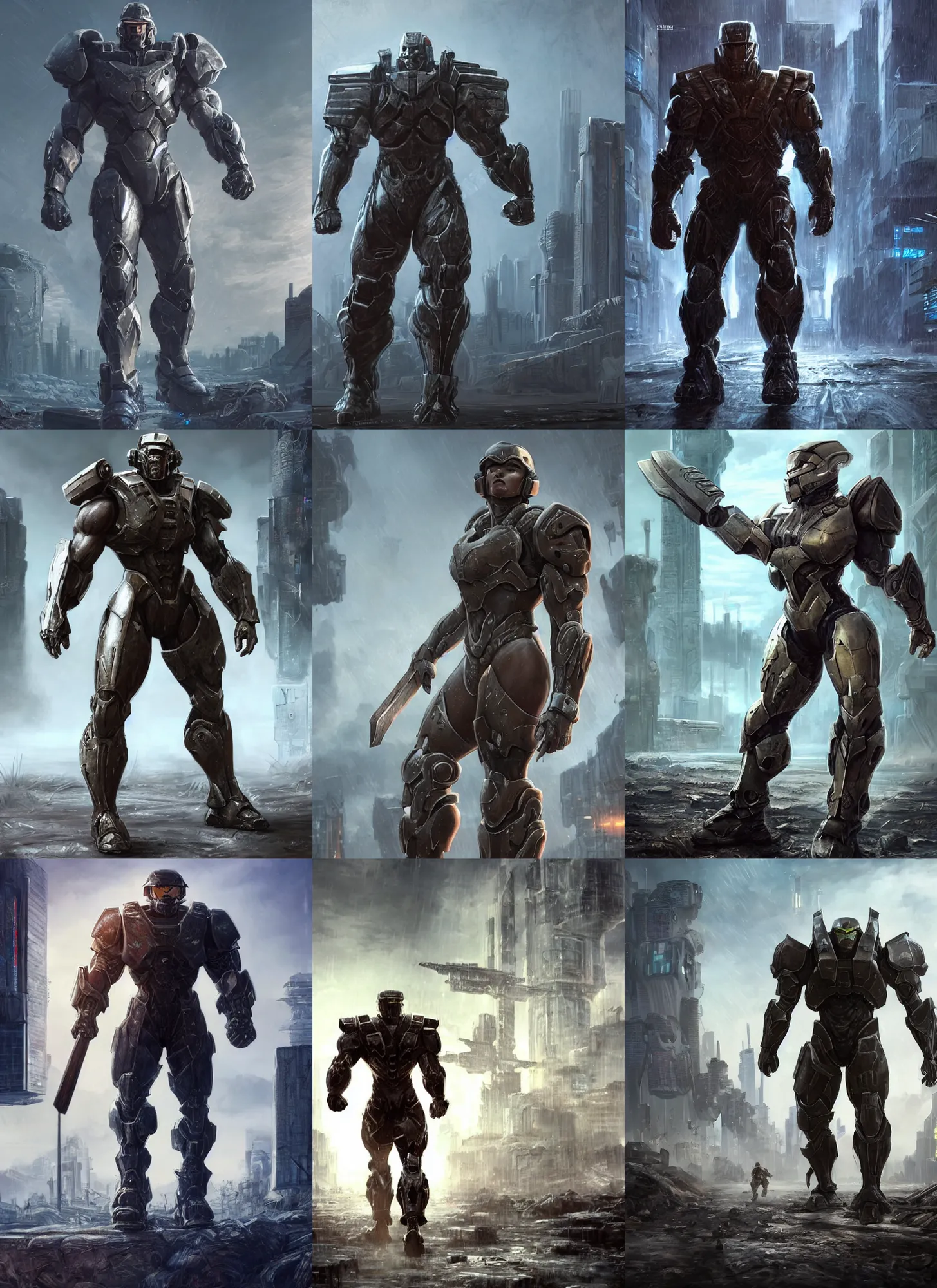 Prompt: a big muscular body builder warrior in armor walking across a cyberpunk wasteland without a helmet, mjolnir mk 6 armor from halo infinite, attractive female face, enhance face, symmetrical face details, ultra realistic, very highly detailed, 8K, octane, Digital painting, concept art, illustration, rule of thirds, sharp focus, facing camera, centered, good value control, realistic shading