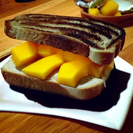 Image similar to sandwich with foie gras and honey and mango, bad, grainy and blurry amateur photo