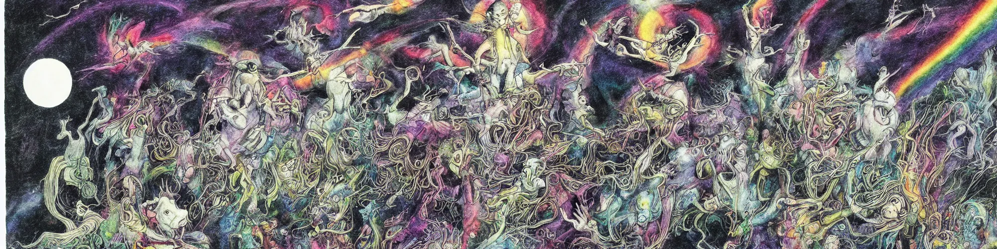 Prompt: dawn of creation ; first atom ; beings of light and darkness ; ethereal plane. vibrant rainbow colors. illustrated by maurice sendak and stephen gammell and junji ito and dr seuss and tsutomu nihei, keith thompson