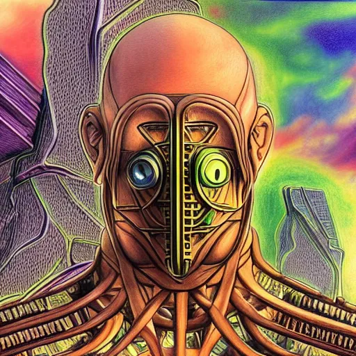 Image similar to a detailed 3 d render of a fashionable vin diesel extraterrestrial wearing a cybernetic majick celtic gas mask among the buildings of futuristic landscape in the style of william blake and alex grey and escher in the style of dark fantasy, fantasy art deco, magic realism, award winning art, muted colors,