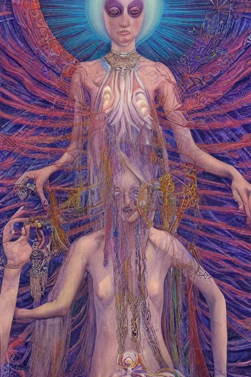 Prompt: mystic cult girl performing third eye ritual, expanding energy into waves into the ethos, epic surrealism oil paint, post modernist layering, by Ernst Fuchs, John Howe highly detailed