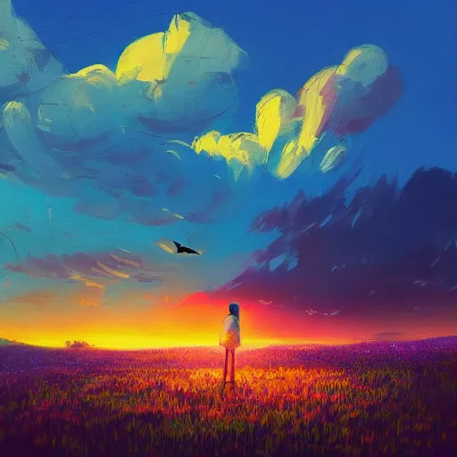 Image similar to a tiger watching a sunset, surreal photography, flower field, beautiful sunset on a summer day light, impressionist painting, colorful clouds, blue sky, digital painting, artstation, simon stalenhag