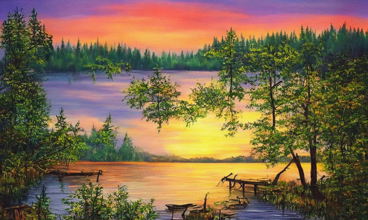 Prompt: beautiful painting of forest with a big lake and small wooden house, sunset time