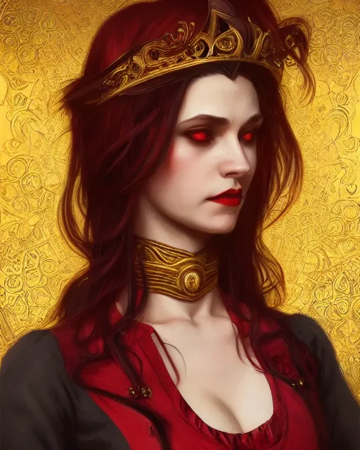 Image similar to female queen vampire, perfect face, gold waistcoat, red shirt, long grey hair, red necktie, cinematic, stunning, highly detailed, digital painting, artstation, smooth, hard focus, illustration, art by artgerm and greg rutkowski and alphonse mucha