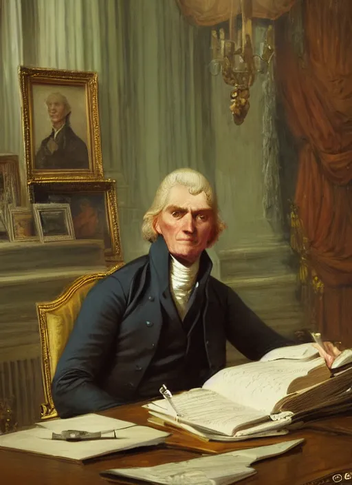 Image similar to a portrait of thomas jefferson in the oval office, cyberpunk, detailed by gaston bussiere, bayard wu, maxim verehin, greg rutkowski, masterpiece, sharp focus, cinematic lightning