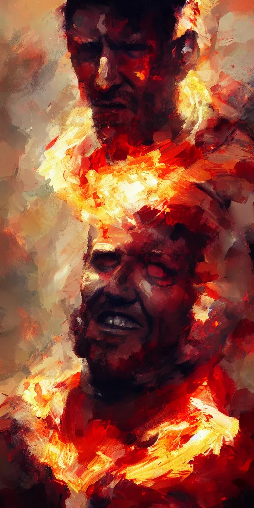 Prompt: abstrsct painting of man on fire, by craig mullins, featured on artstation. Portrait.