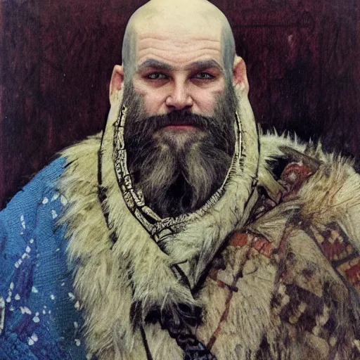 Image similar to portrait of man with knotwork runic facial tattoos, bald, middle-aged Slavic Viking priest wearing thick fur collar and vestments, and standing tall in the blizzard, with fading blue woad tattoos on forehead, head, and cheeks, portrait by Anato Finnstark, Alphonse Mucha, and Greg Rutkowski