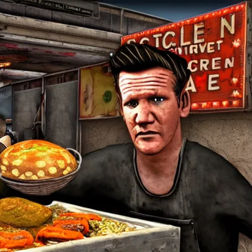 Prompt: gordon ramsay as street food vendor in fallout new vegas, very detailed, realistic, 4 k, professional photography