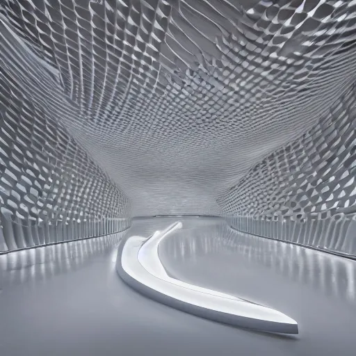 Image similar to stunning beautiful futuristic museum interior by Zaha Hadid, smooth curvilinear dragonfly wings pattern, pastel light gray dark gray, hyper real highly detailed