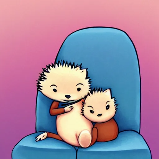 Image similar to two cute adorable hedgehogs, sitting together on a couch, romantic, shy hedgehog, blushing, waving, smiling, cute, hedgehog, by cyril rolando