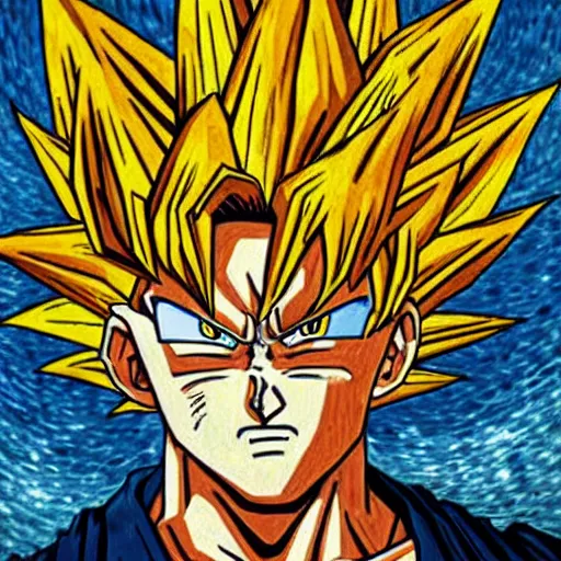 Image similar to super saiyan goku painted by vincent van gogh, oil - on - canvas, highly detailed, 8 k