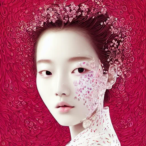 Image similar to the portrait of an absurdly beautiful, graceful, elegant, sophisticated, fashionable young kpop idol made of strawberries and white petals, an ultrafine hyperdetailed illustration by kim jung gi, irakli nadar, intricate linework, bright colors, octopath traveler, final fantasy, unreal engine 5 highly rendered, global illumination, radiant light, detailed and intricate environment