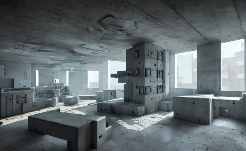 Prompt: Interior shot of a futuristic brutalist studio apartment with computers made out of concrete by Petros Afshar and Beeple, James Gilleard, Mark Ryden, Wolfgang Lettl highly detailed