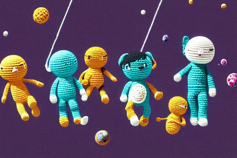 Image similar to a group of three crochet cute astronauts climbing a yarn wall. cute, illustration, digital art, inspired by little big planet, by greg rutkowski, detailed, sharp, masterpiece, highly detailed, photorealistic, octane render, 8 k, unreal engine 5, trending on artstation, vivid colors, cinematic, close up