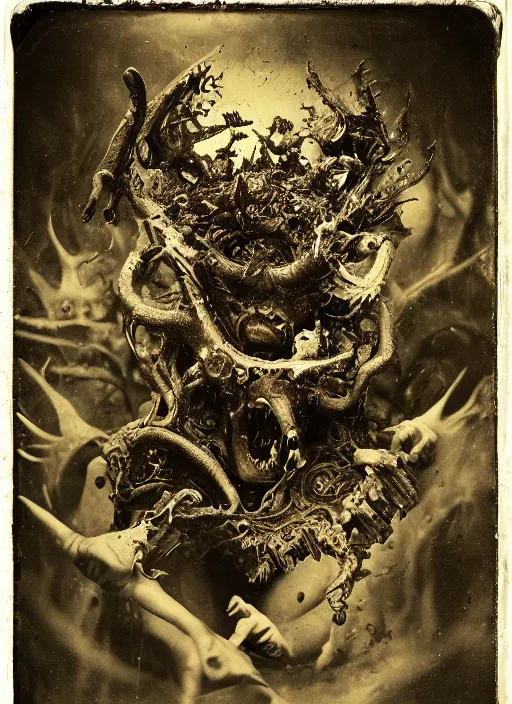 Image similar to old wetplate daguerreotype demons, devil, pain, anger, desolation, angel, bird head, explosion of data fragments, fractal, intricate, elegant, highly detailed, parallax, leica, medium format, subsurface scattering, by jheronimus bosch and greg rutkowski and louis jacques mande daguerre