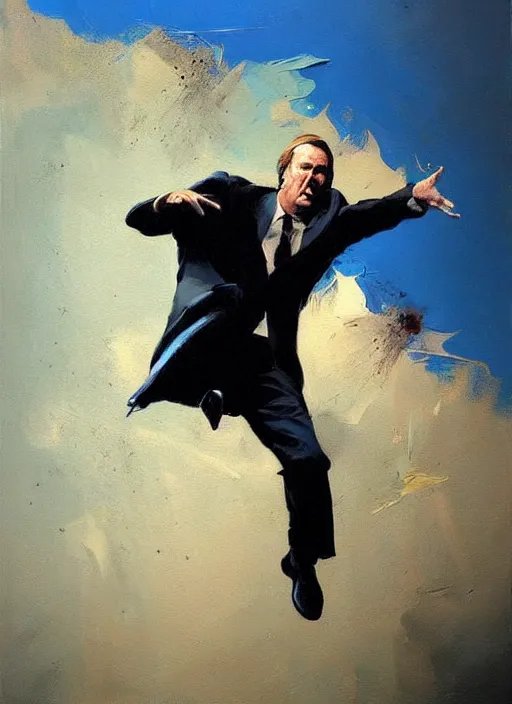 Prompt: slipping, saul goodman, screaming, slipping and flying, falling, flailing painting by phil hale, fransico goya, david lynch,'action lines '!!!, graphic style, visible brushstrokes, motion blur, blurry