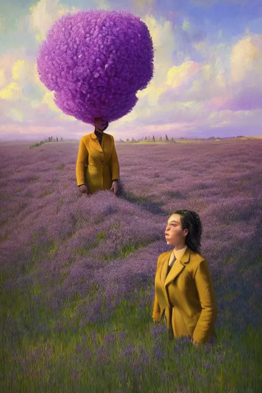 Prompt: portrait, giant lilac flower as a head, black woman in suit in heather field, surreal photography, golden hour, colorful clouds, impressionist painting, digital painting, artstation, simon stalenhag