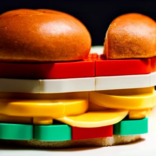 Image similar to a cheese burger made of lego, modern art