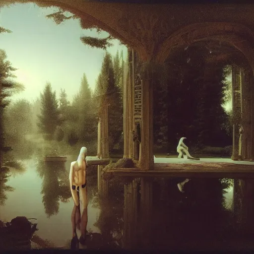 Image similar to an all white human, with no facial features, like a white mask pulled over their face, full body laying in a blood red pool of water between a golden mirror frame, outside is space at the bohemian grove and inside the mirror frame is a beautiful landscape., physically accurate, dynamic lighting, intricate, elegant, highly detailed, very very Roberto Ferri, sharp focus, very very unsettling, very terrifying, illustration, art