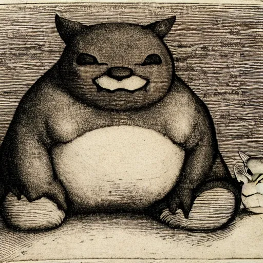 Image similar to snorlax, copperplate etching by albrecht durer