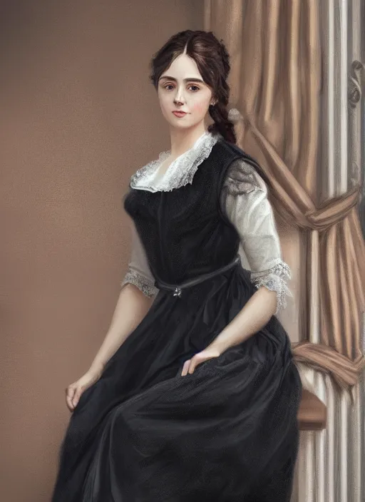 Image similar to a photograpic portrait of young woman, pride and prejudice, realistic, with kind face, dark hair, georgian dress, intricate, elegant, highly detailed, digital painting, smooth, sharp focus